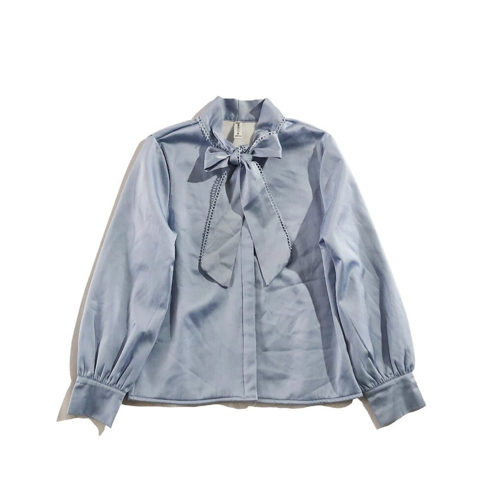 Vintage Onyou Blouse Womens Size S Light-Blue Long-Sleeve Bow-Tie Neck Blouse